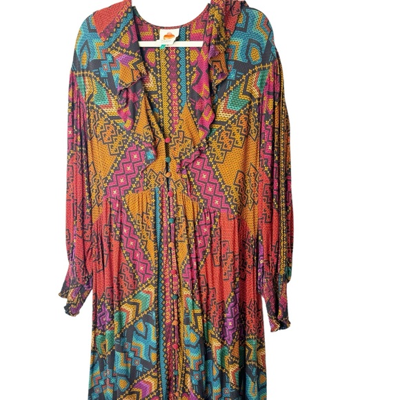 Farm Rio Yawanawa Stripes Ankle Maxi Bohemian Dress Size Large L - Picture 5 of 14